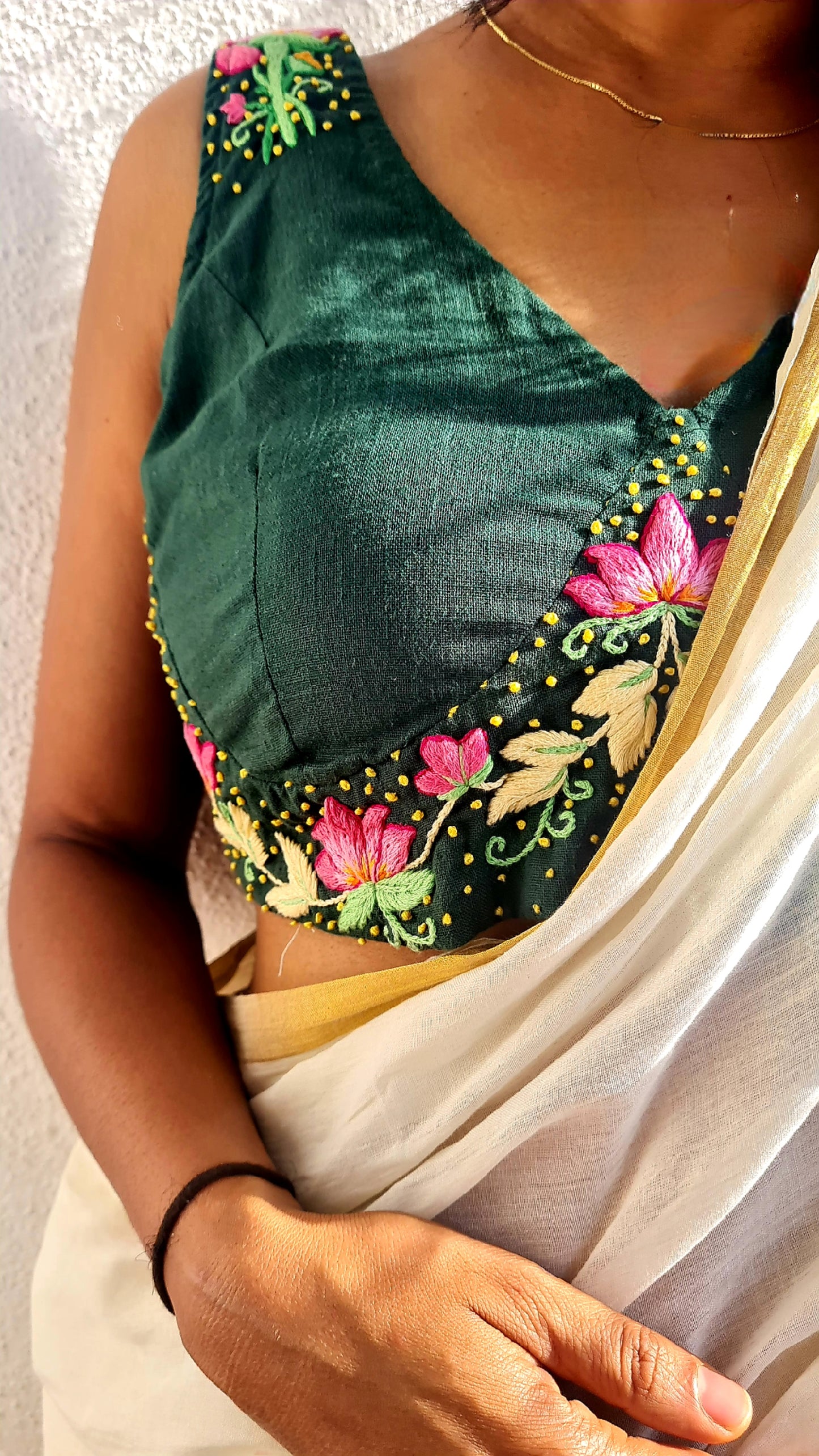 Emerald Elegance Blouse - Dark Green Katori with French Knots & Lotus Embroidery - EMBL0001