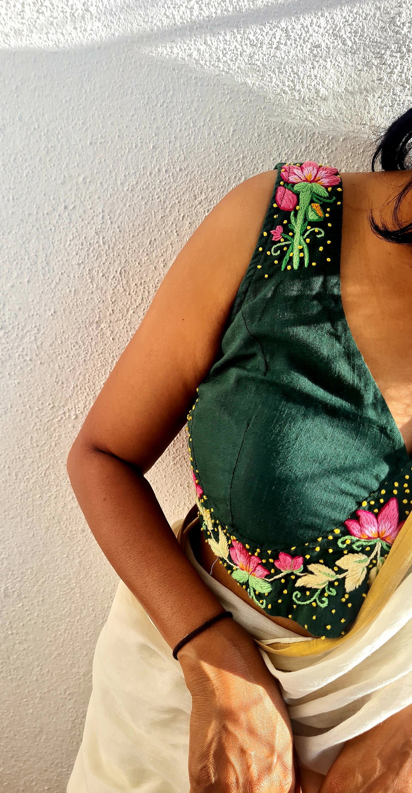 Emerald Elegance Blouse - Dark Green Katori with French Knots & Lotus Embroidery - EMBL0001