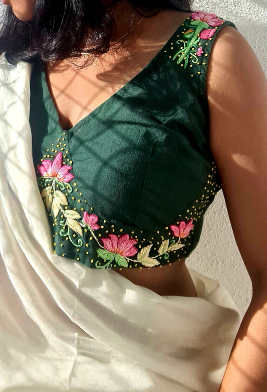 Emerald Elegance Blouse - Dark Green Katori with French Knots & Lotus Embroidery - EMBL0001