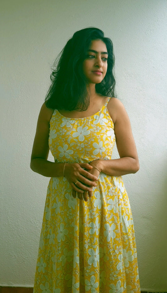 Golden Bloom Cotton Flared Dress