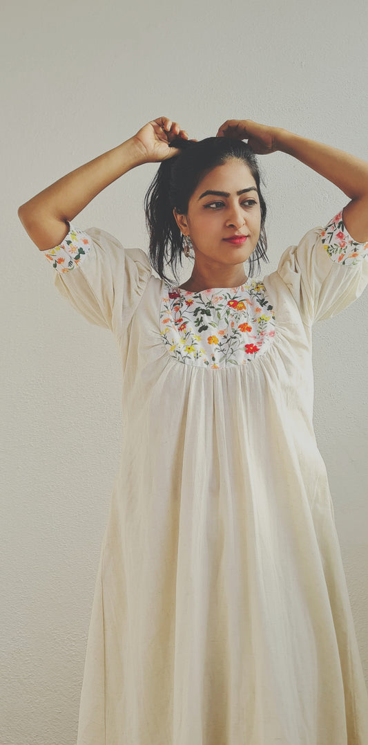Summer Garden Blooms: Off-White Frock with Hand-Embroidered Floral Patch